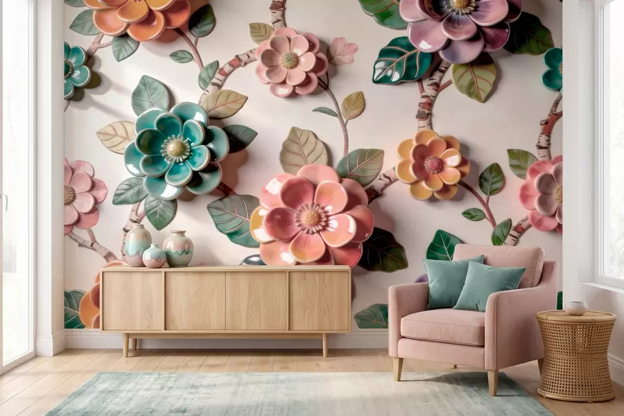 Fotobehang Driedimensionale keramische bloemen en bladeren in een levendig kleurenpalet w09887v2