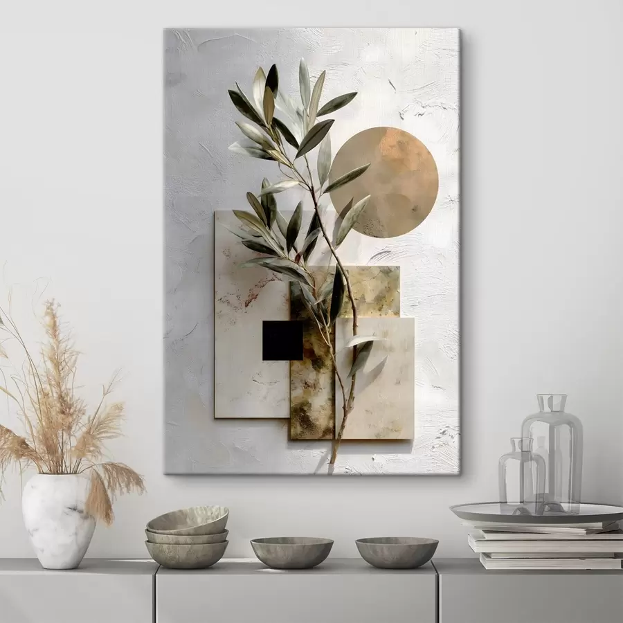  Peintures une composition abstraite mettant en scène un rameau d'olivier et des formes géométriques s49554