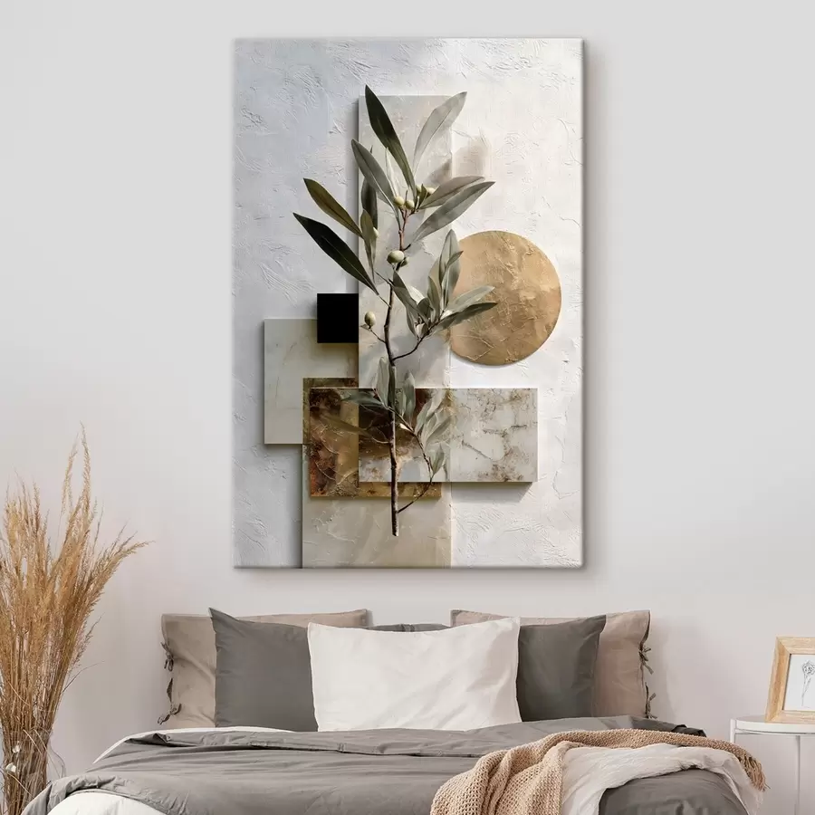  Peintures une composition abstraite mettant en scène un rameau d'olivier et des formes géométriques s49555