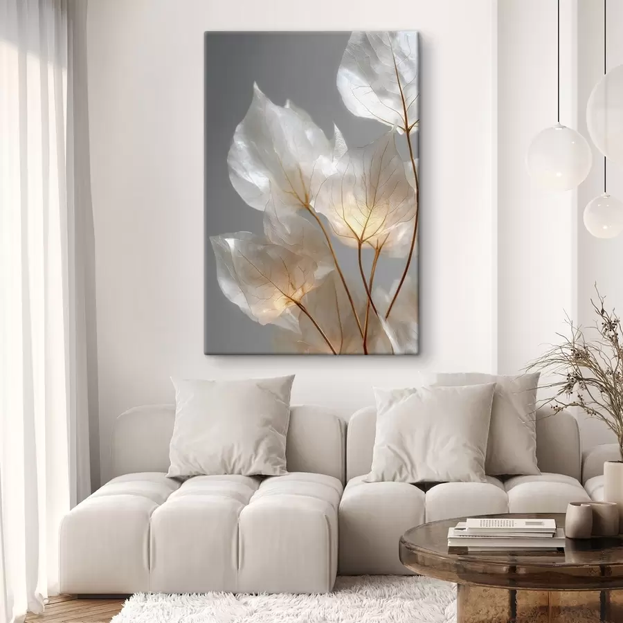  Peintures des feuilles blanches aux nervures apparentes sur fond gris s49559