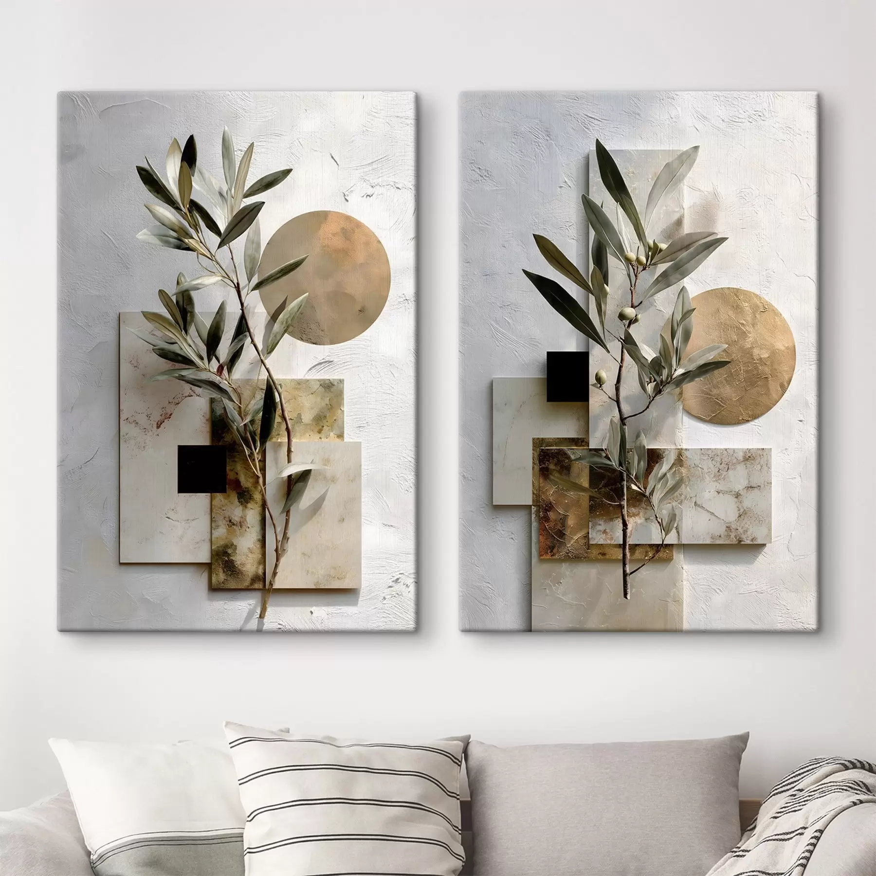  Peintures une composition abstraite mettant en scène un rameau d'olivier et des formes géométriques m30618