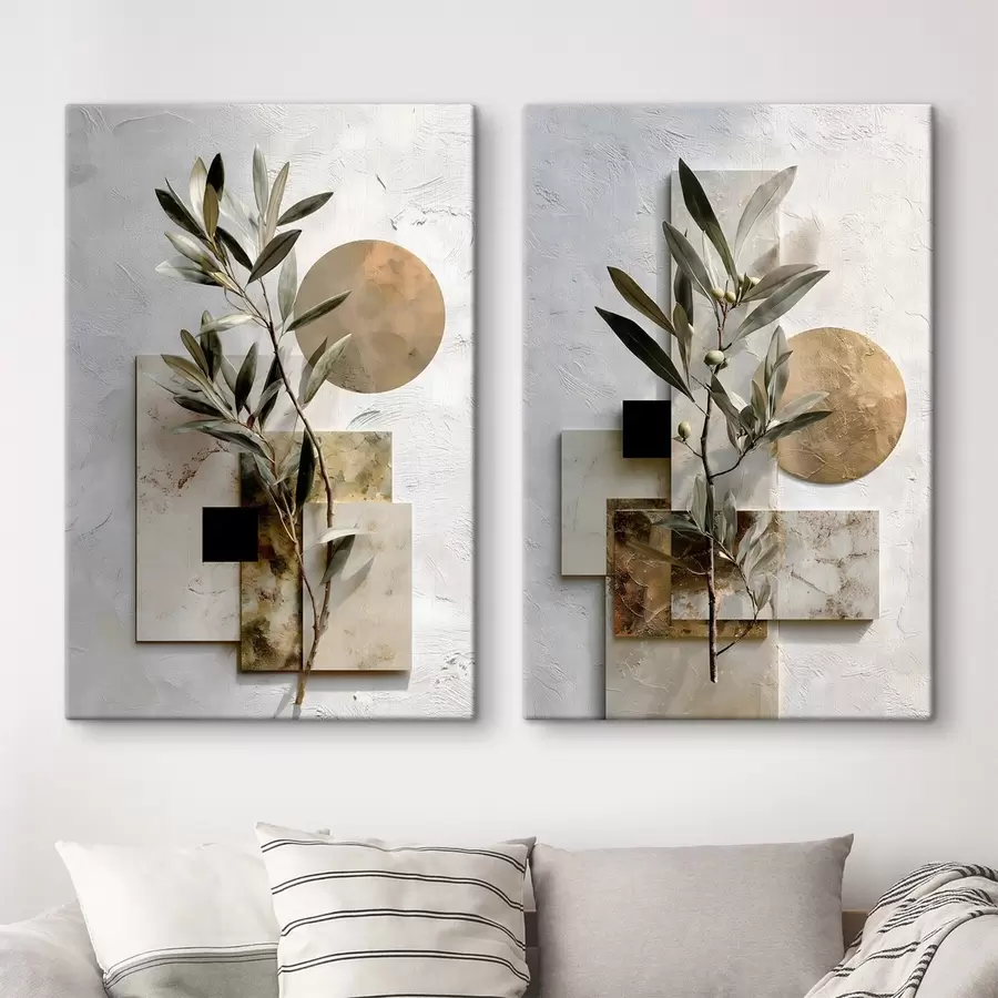 Fotobehang een abstracte compositie met een olijftak en geometrische vormen m30618