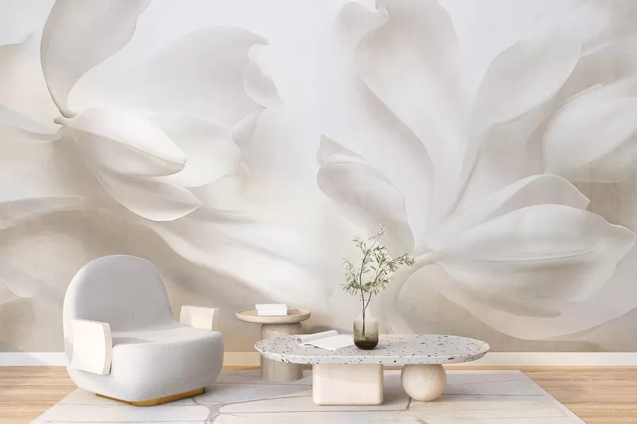 Fotobehang Witte magnoliabloemen met een gestructureerd oppervlak en delicate bloemblaadjes, tegen een vage, lichte achtergrond w09771