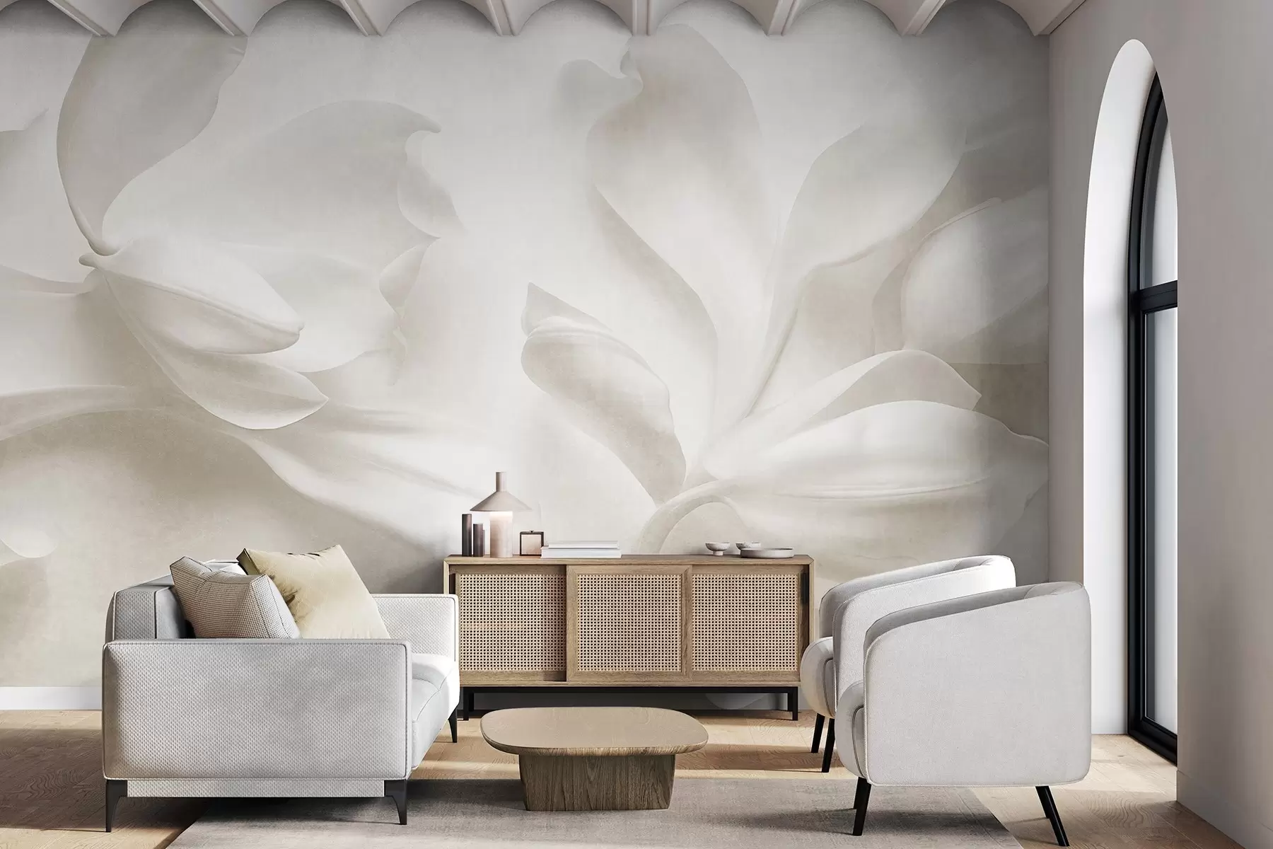 Fotobehang Witte magnoliabloemen met een gestructureerd oppervlak en delicate bloemblaadjes, tegen een vage, lichte achtergrond w09771