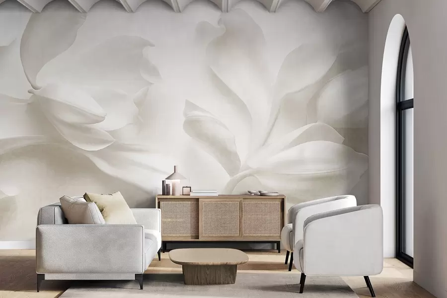 Fotobehang Witte magnoliabloemen met een gestructureerd oppervlak en delicate bloemblaadjes, tegen een vage, lichte achtergrond w09771