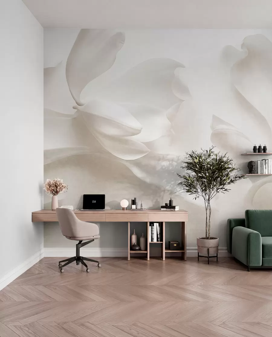 Fotobehang Witte magnoliabloemen met een gestructureerd oppervlak en delicate bloemblaadjes, tegen een vage, lichte achtergrond w09771