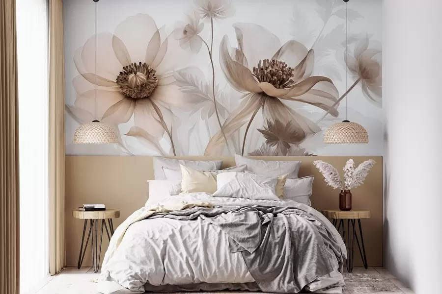 Fotobehang Grote, doorschijnende, sepia-kleurige bloemen met delicate bloemblaadjes, gevederde bladeren en kleinere bloemetjes w09900
