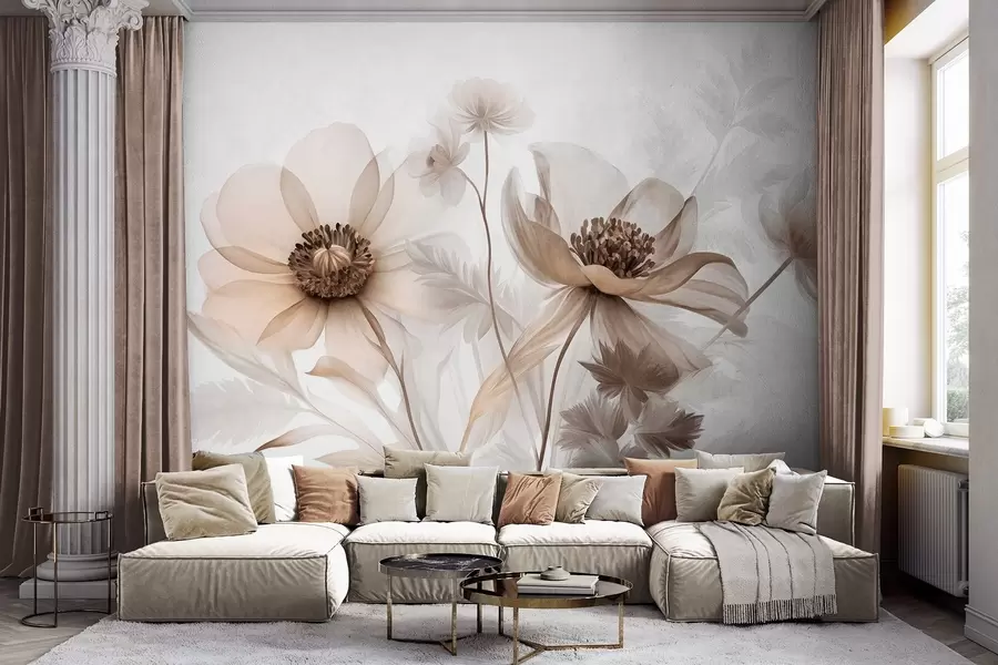 Fotobehang Grote, doorschijnende, sepia-kleurige bloemen met delicate bloemblaadjes, gevederde bladeren en kleinere bloemetjes w09900