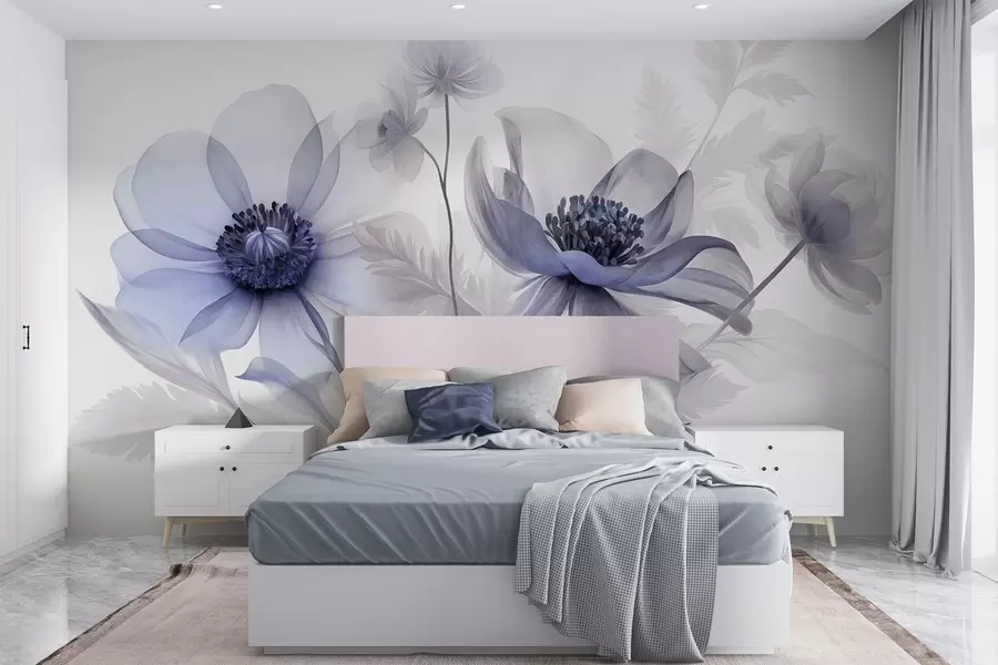 Fotobehang Grote, doorschijnende, blauwachtige bloemen met delicate bloemblaadjes, gevederde bladeren en kleinere bloemetjes w09900v1