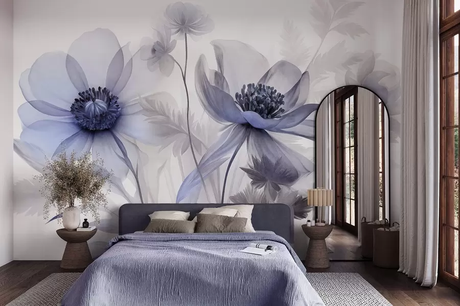 Fotobehang Grote, doorschijnende, blauwachtige bloemen met delicate bloemblaadjes, gevederde bladeren en kleinere bloemetjes w09900v1
