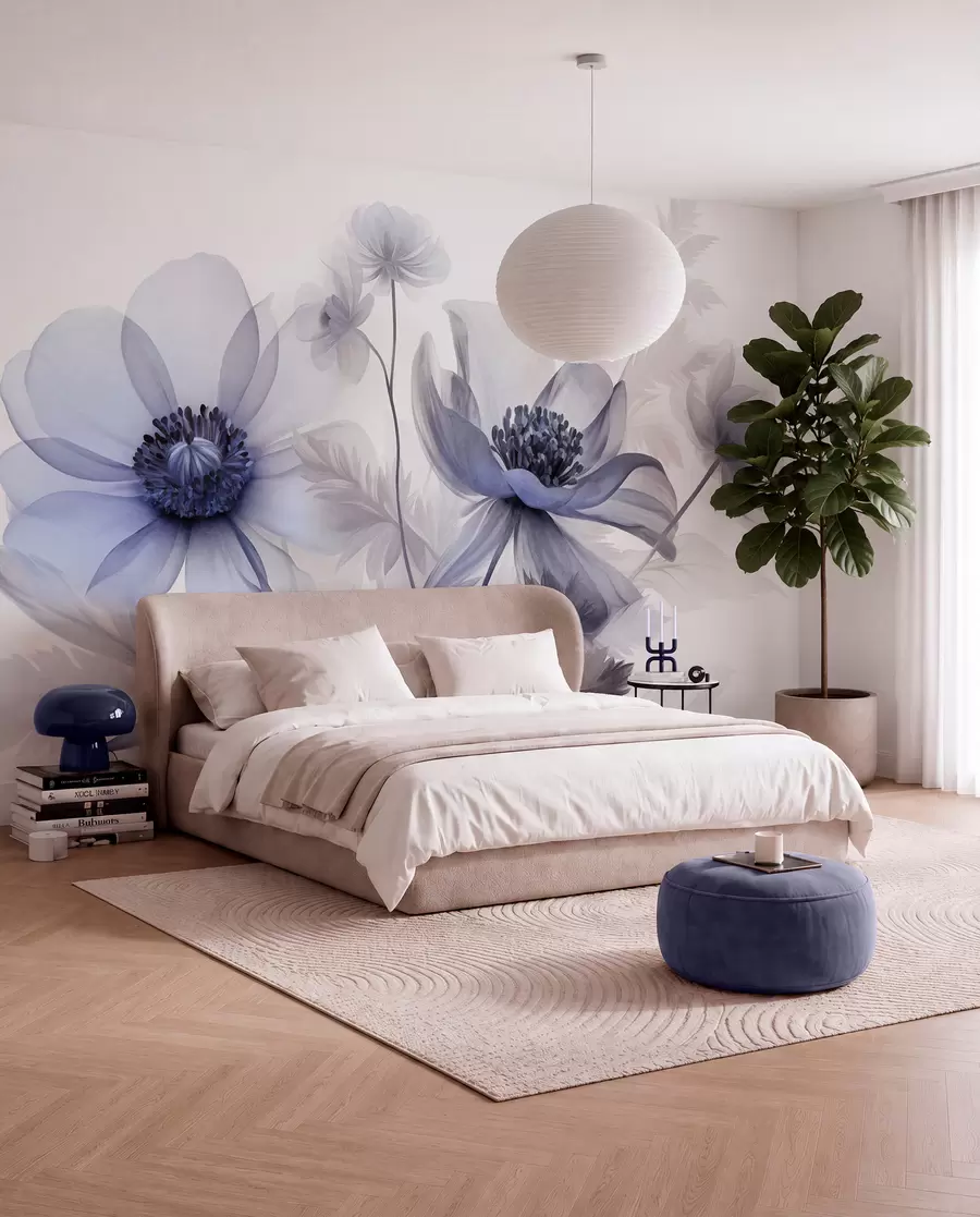 Fotobehang Grote, doorschijnende, blauwachtige bloemen met delicate bloemblaadjes, gevederde bladeren en kleinere bloemetjes w09900v1
