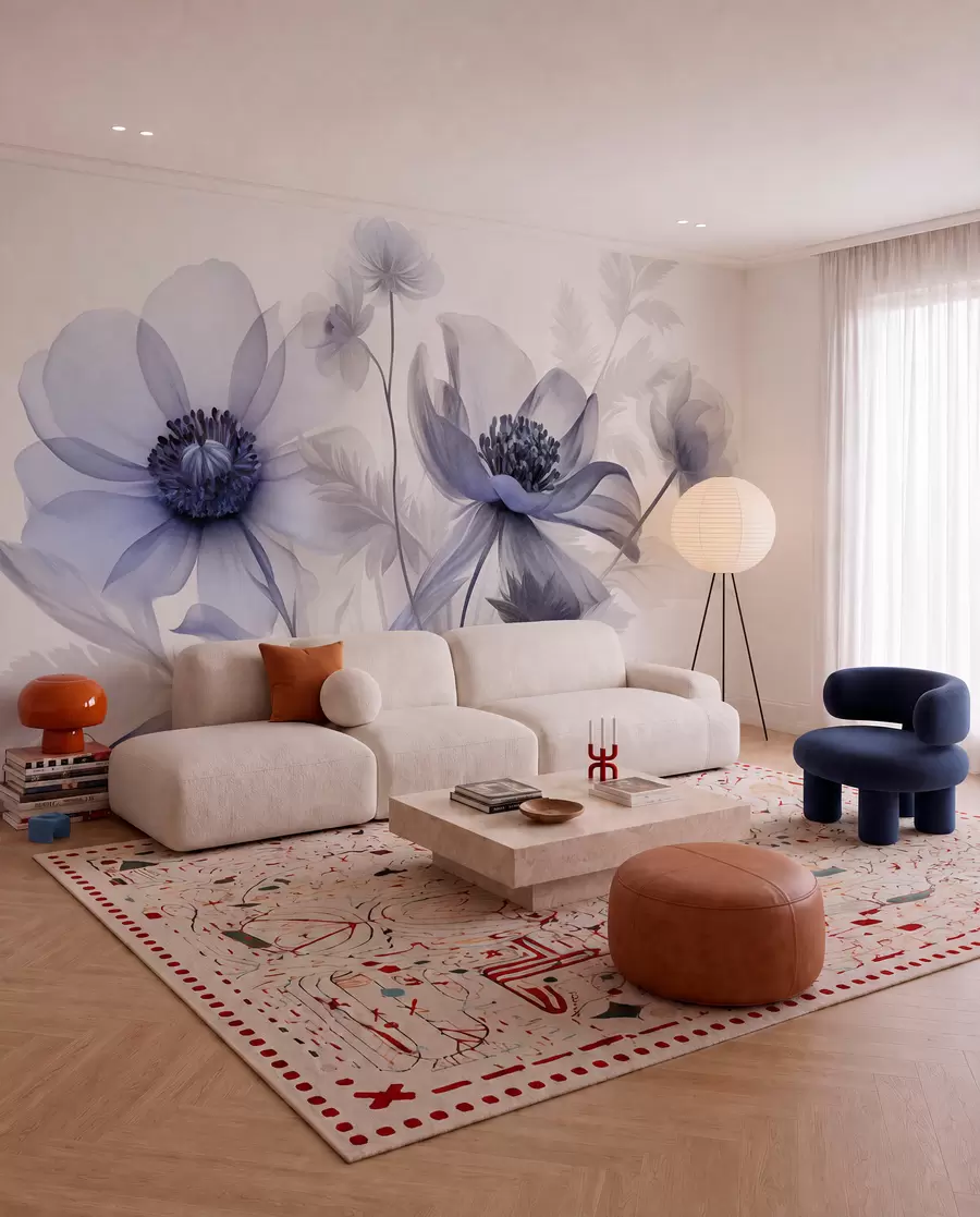 Fotobehang Grote, doorschijnende, blauwachtige bloemen met delicate bloemblaadjes, gevederde bladeren en kleinere bloemetjes w09900v1