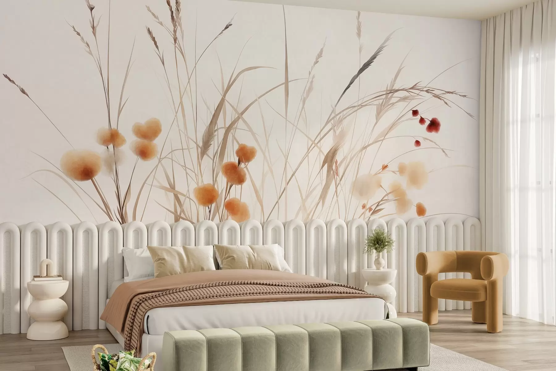 Fotobehang Hoog gras en kleine oranje wilde bloemen tegen een bleke achtergrond, in een boho-stijl met veel textuur w09902