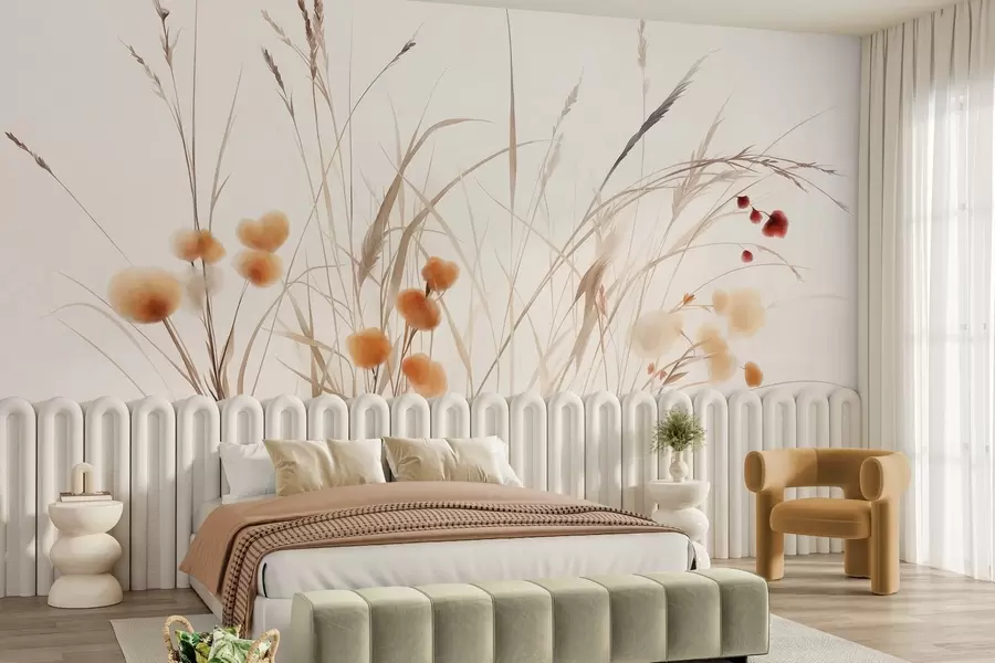 Fotobehang Hoog gras en kleine oranje wilde bloemen tegen een bleke achtergrond, in een boho-stijl met veel textuur w09902