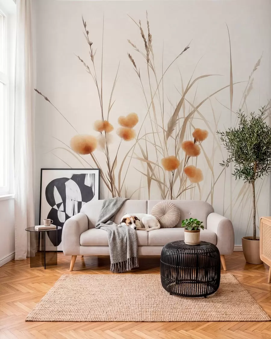 Fotobehang Hoog gras en kleine oranje wilde bloemen tegen een bleke achtergrond, in een boho-stijl met veel textuur w09902