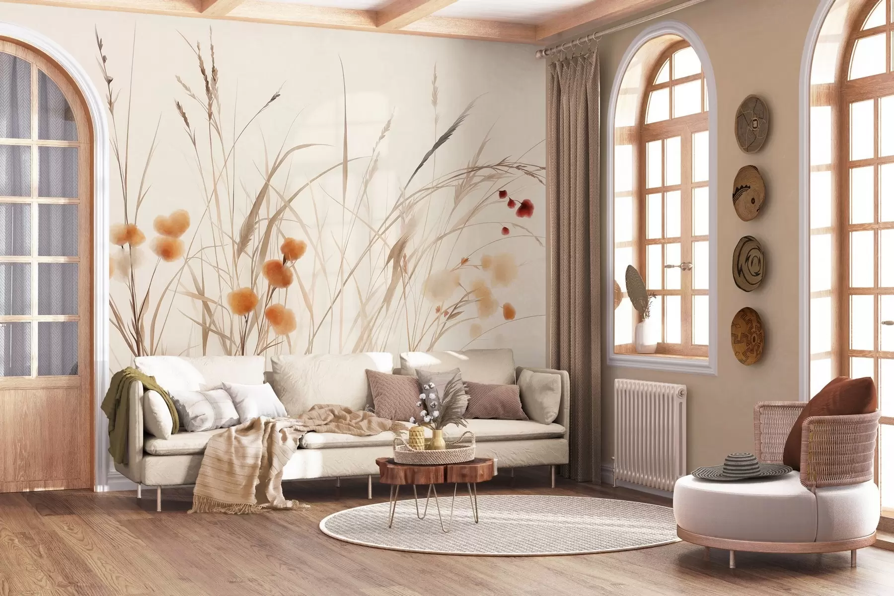 Fotobehang Hoog gras en kleine oranje wilde bloemen tegen een bleke achtergrond, in een boho-stijl met veel textuur w09902
