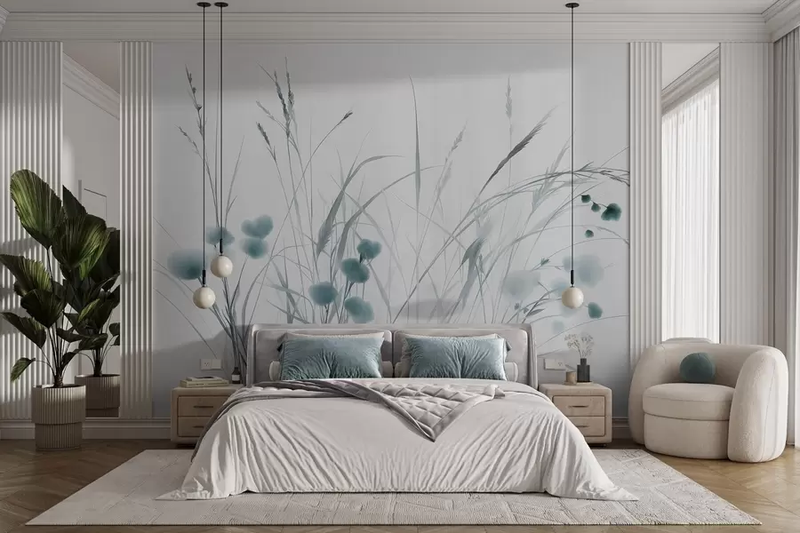 Fotobehang Hoog gras en kleine blauwe wilde bloemen tegen een lichte achtergrond, in een boho-stijl met veel textuur w09902v1