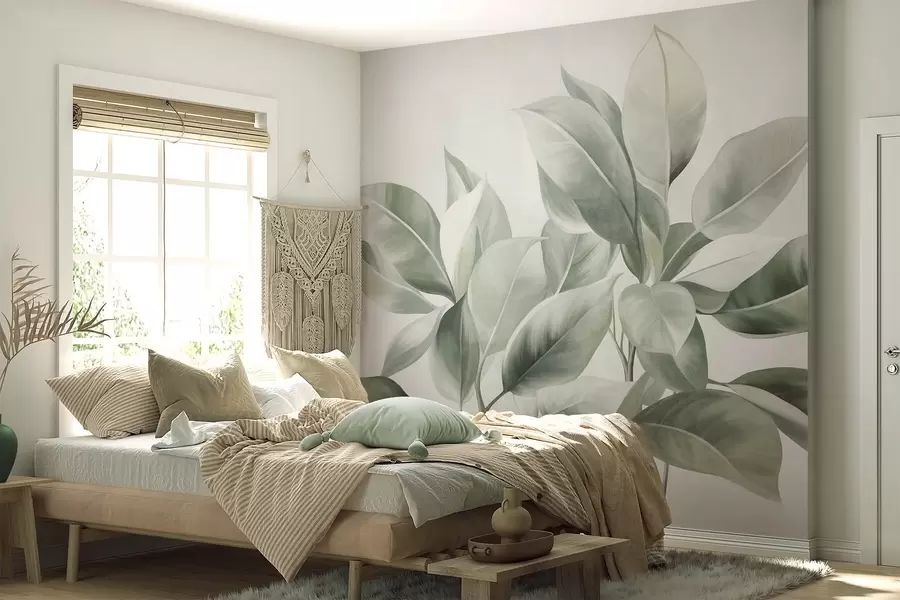Fotobehang Lichtgroene bladeren tegen een bleke, zachte achtergrond, in een boho-stijl met textuur w09909