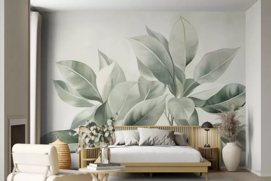 Fotobehang Lichtgroene bladeren tegen een bleke, zachte achtergrond, in een boho-stijl met textuur w09909