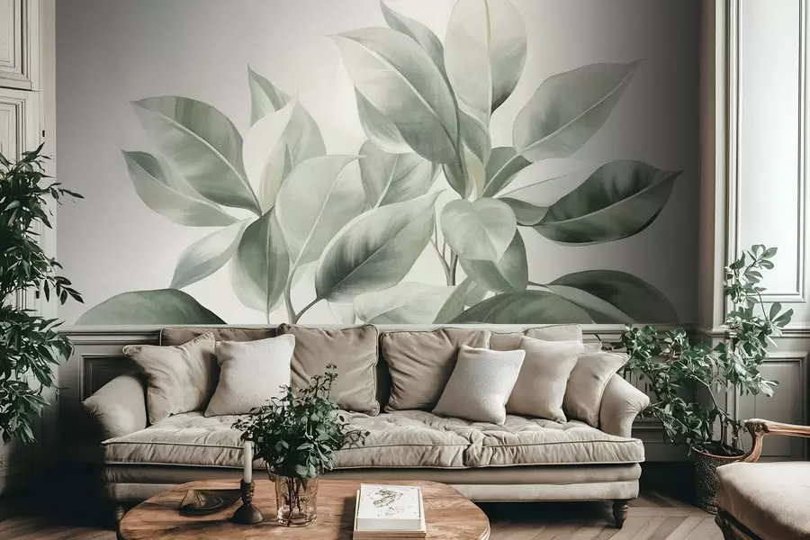 Fotobehang Lichtgroene bladeren tegen een bleke, zachte achtergrond, in een boho-stijl met textuur w09909