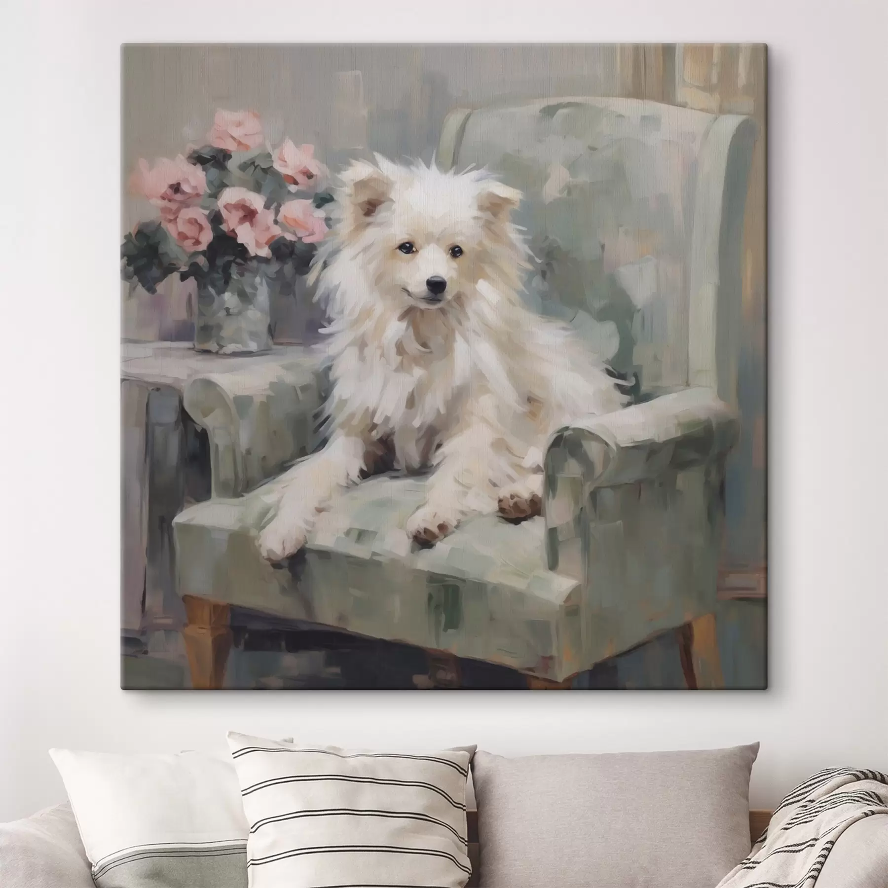  Peintures Un petit chien sur une chaise, reproduction d'un tableau s49597