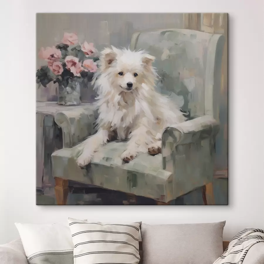  Peintures Un petit chien sur une chaise, reproduction d'un tableau s49597