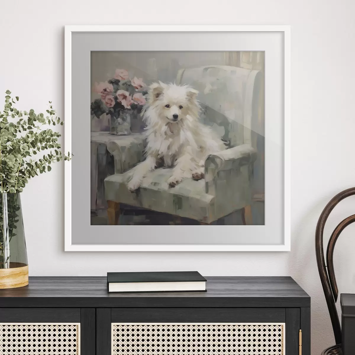 Poster Een kleine hond op een stoel, imitatieschilderij f49597