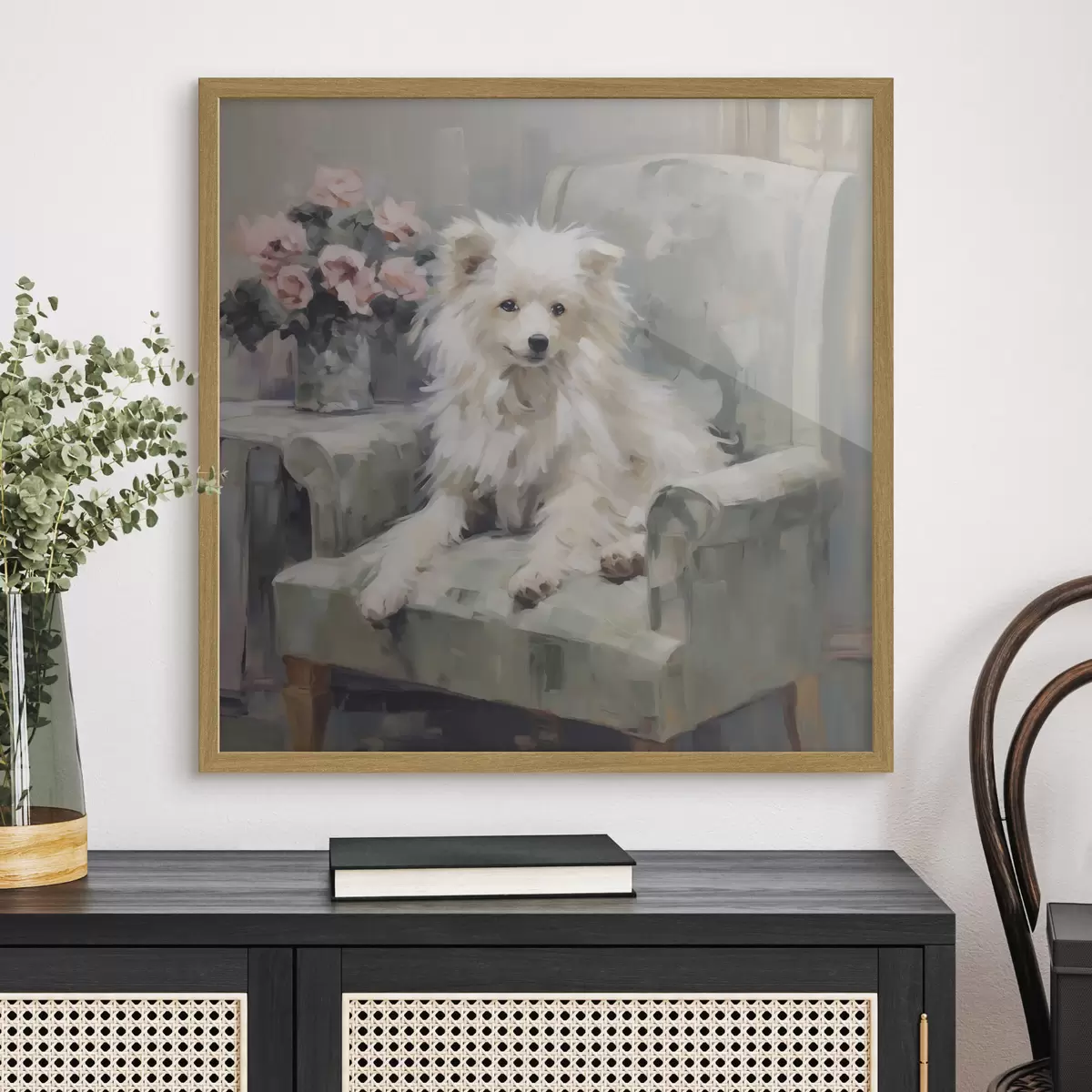Poster Een kleine hond op een stoel, imitatieschilderij f49597
