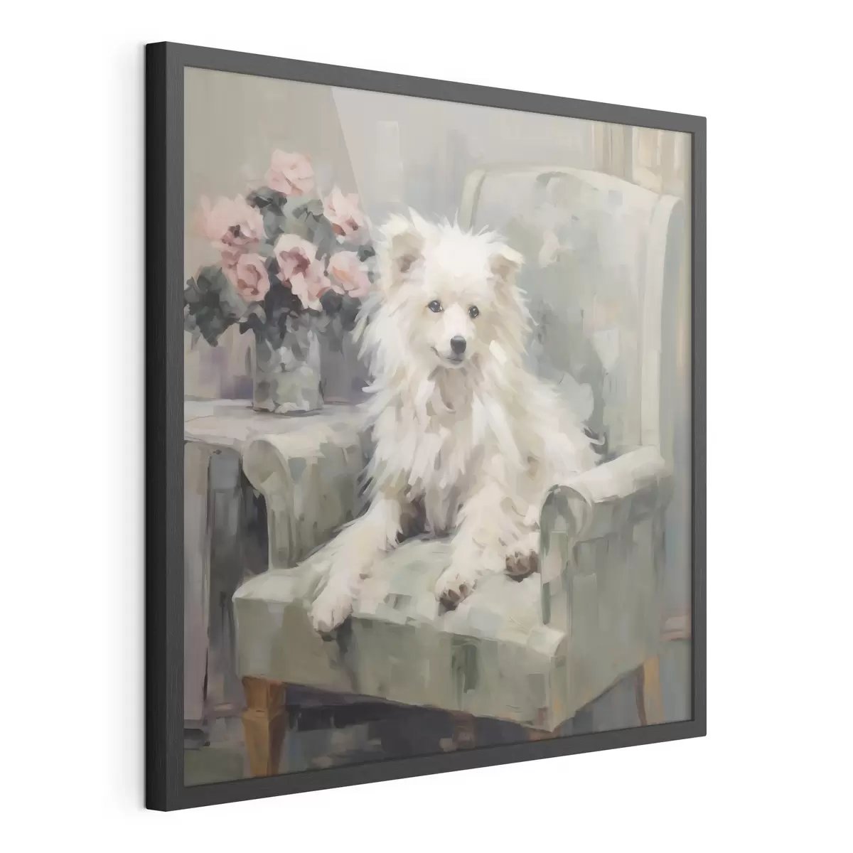 Poster Een kleine hond op een stoel, imitatieschilderij f49597