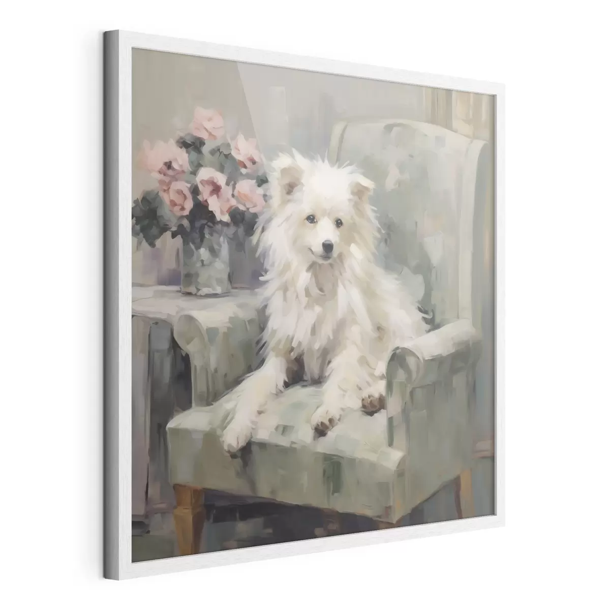 Poster Een kleine hond op een stoel, imitatieschilderij f49597