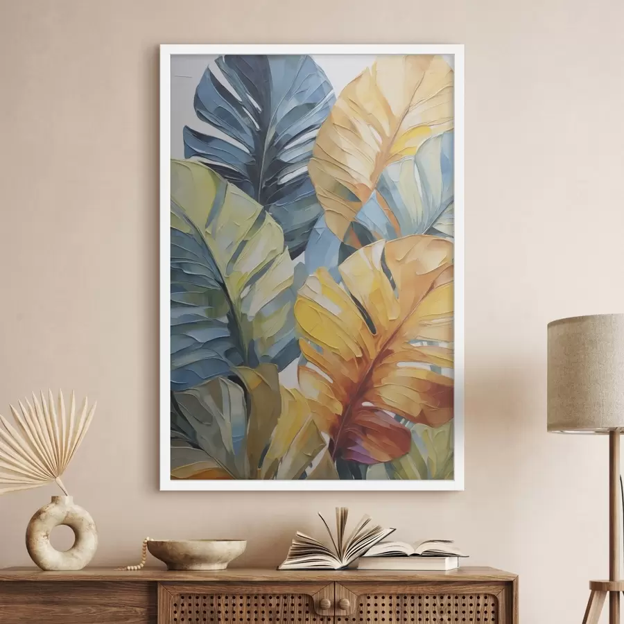 Fotobehang Schilderij met een afbeelding van kleurrijke tropische bladeren f49601