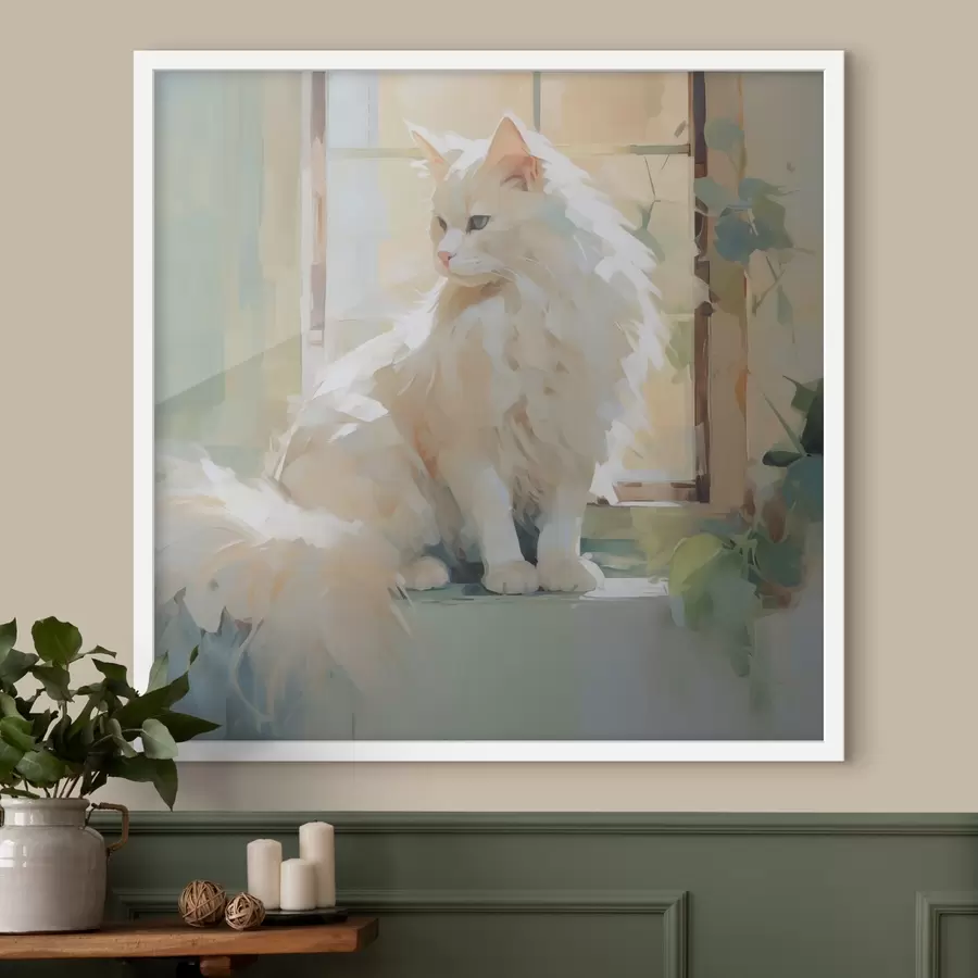 Papier peint photo Un chat assis près d'une fenêtre, imitation d'un tableau f49603