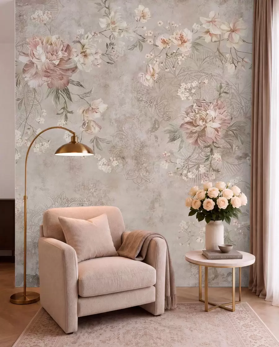 Fotobehang Bloemenmotief op een lichtgekleurde achtergrond met structuur w05698