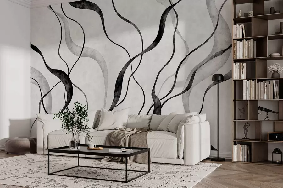 Fotobehang Abstracte, vloeiende lijnen in monochrome tinten w05699
