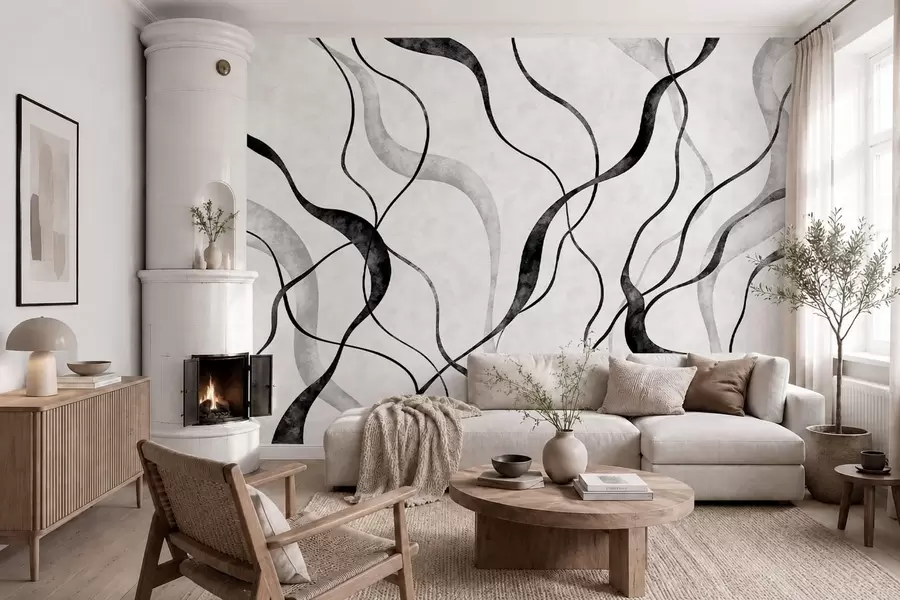 Fotobehang Abstracte, vloeiende lijnen in monochrome tinten w05699