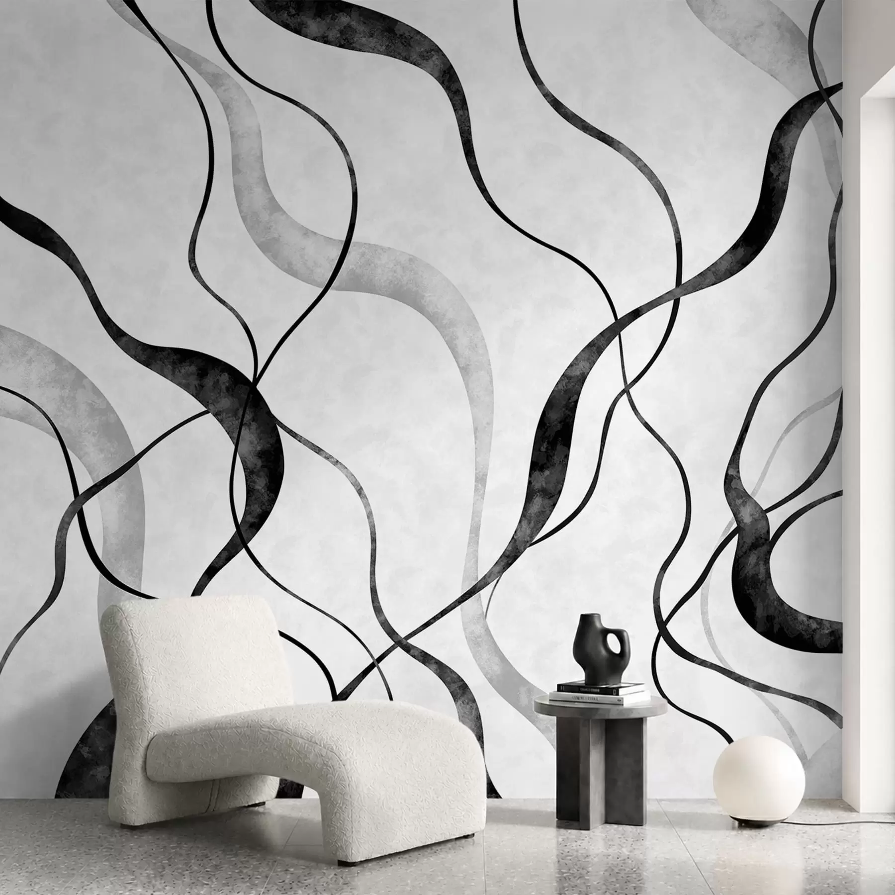 Fotobehang Abstracte, vloeiende lijnen in monochrome tinten w05699