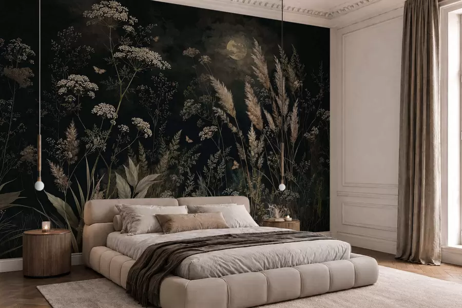 Fotobehang Een weide in het maanlicht met wilde grassen en bloemen w05701