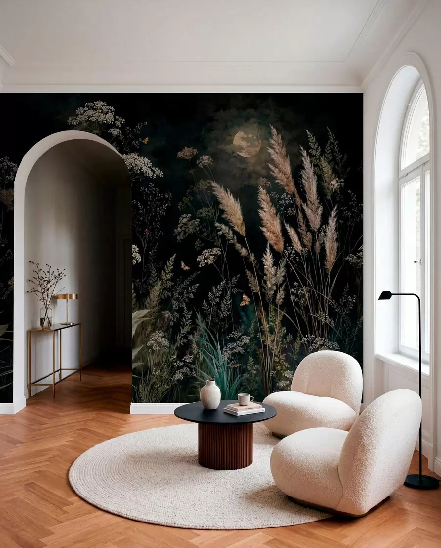 Fotobehang Een weide in het maanlicht met wilde grassen en bloemen w05701