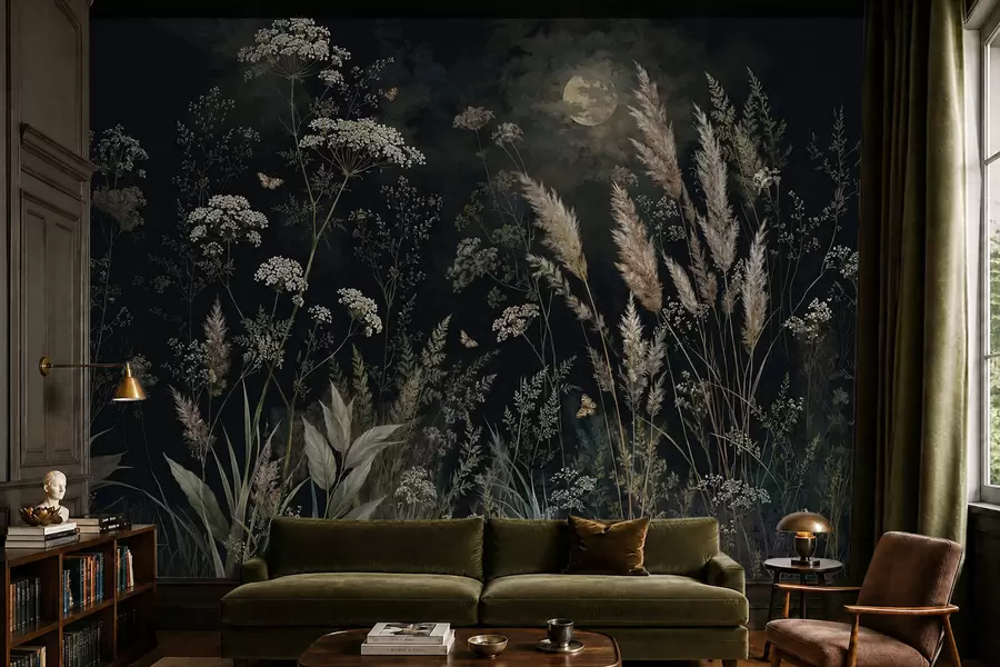 Fotobehang Een weide in het maanlicht met wilde grassen en bloemen w05701