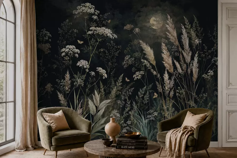 Fotobehang Een weide in het maanlicht met wilde grassen en bloemen w05701