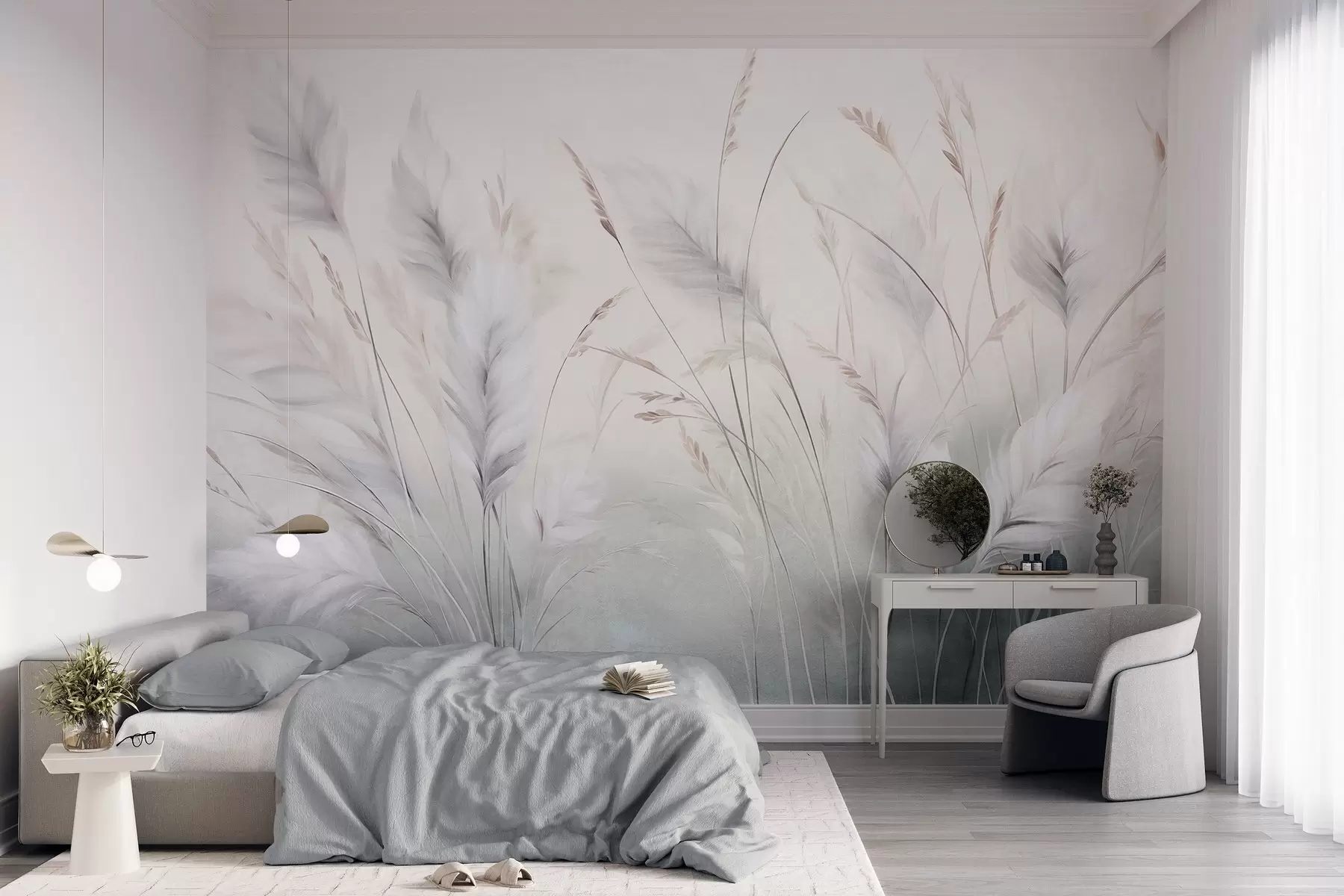 Fotobehang Hoog, pluizig gras wiegt zachtjes tegen een zachte, ingetogen achtergrond; delicate natuurlijke kunst w09831