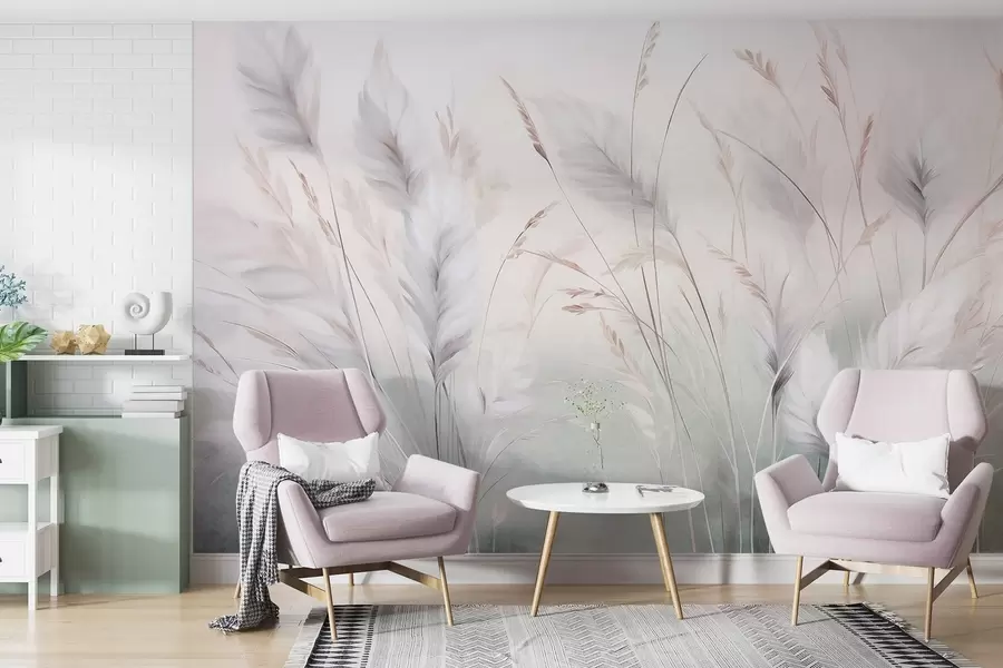 Fotobehang Hoog, pluizig gras wiegt zachtjes tegen een zachte, ingetogen achtergrond; delicate natuurlijke kunst w09831