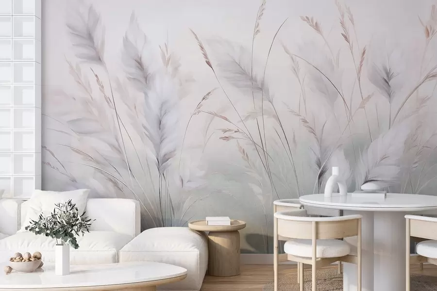 Fotobehang Hoog, pluizig gras wiegt zachtjes tegen een zachte, ingetogen achtergrond; delicate natuurlijke kunst w09831