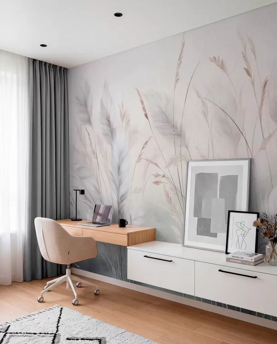 Fotobehang Hoog, pluizig gras wiegt zachtjes tegen een zachte, ingetogen achtergrond; delicate natuurlijke kunst w09831