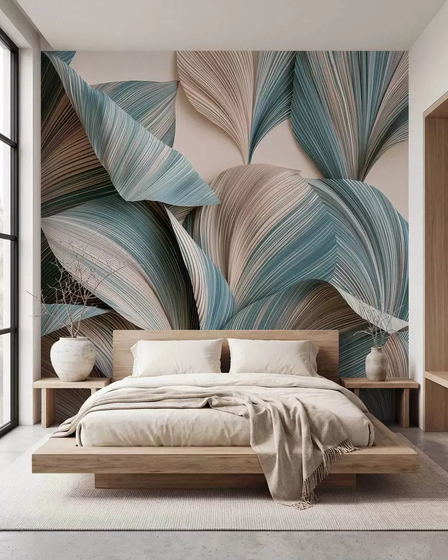 Fotobehang Tropische bladeren met een volumineus effect in rustige beige en blauwe tinten w09914