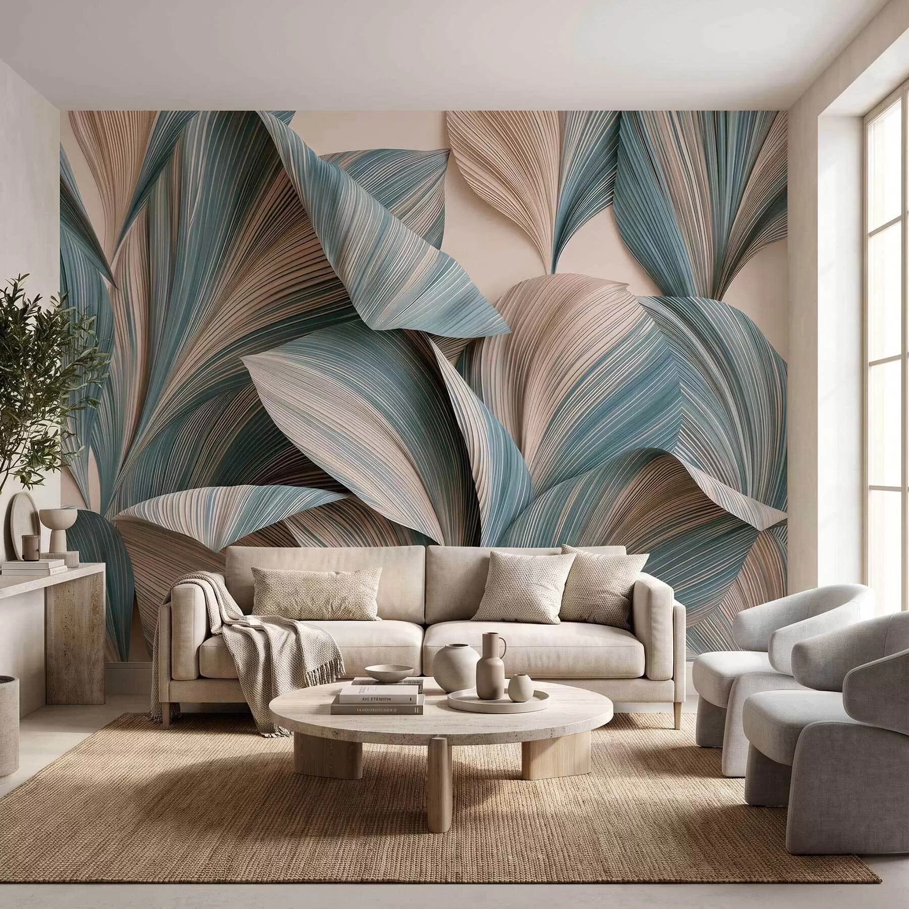 Papier peint photo Feuilles tropicales volumineuses dans des tons beiges et bleus apaisants w09914