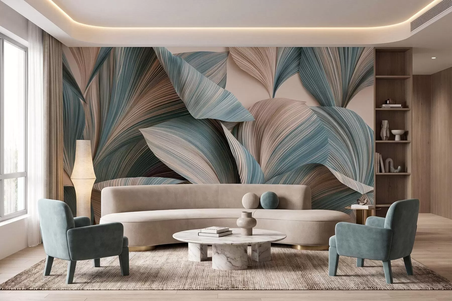 Fotobehang Tropische bladeren met een volumineus effect in rustige beige en blauwe tinten w09914