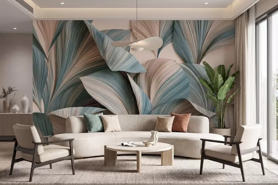 Fotobehang Tropische bladeren met een volumineus effect in rustige beige en blauwe tinten w09914