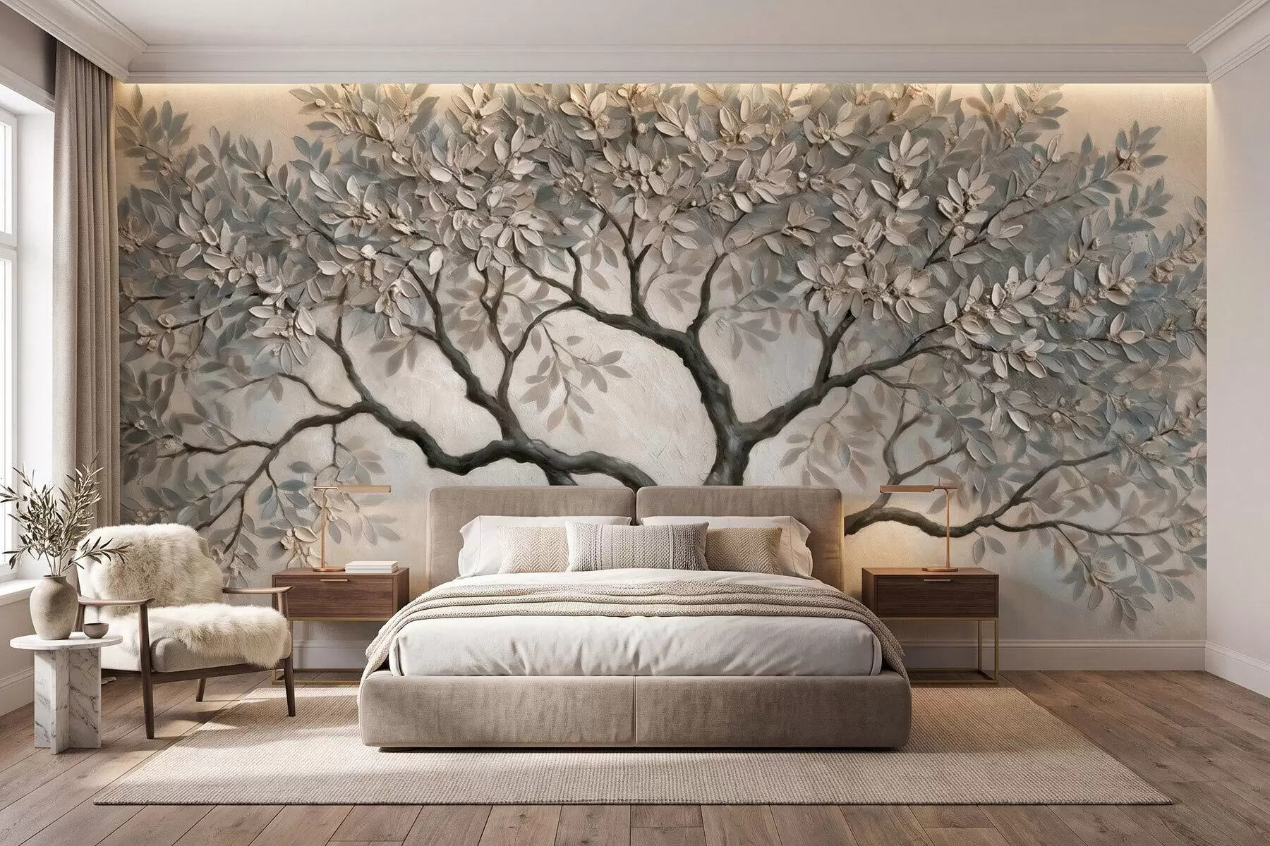 Papier peint photo Arbre peint à l'huile dans des tons gris-beige naturels et apaisants w09919