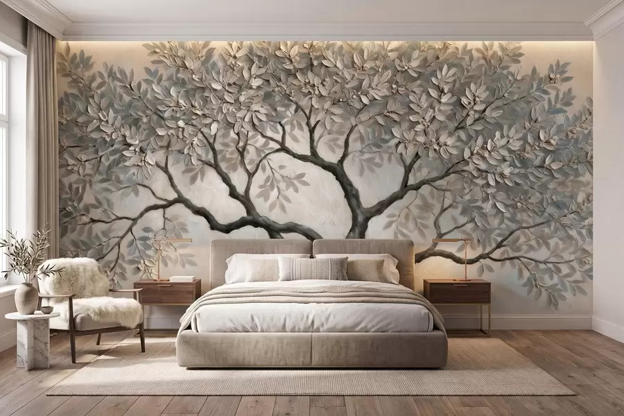 Papier peint photo Arbre peint à l'huile dans des tons gris-beige naturels et apaisants w09919